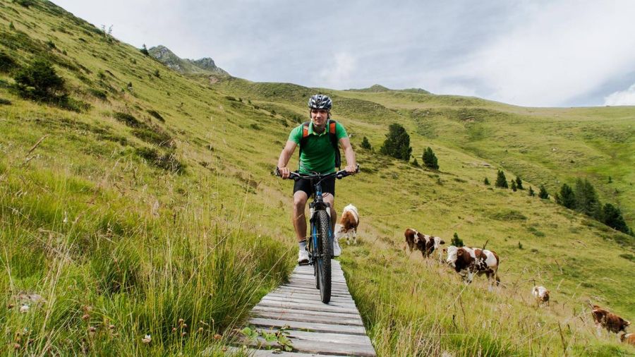 In bicicletta nel mezzo di prati alpini verdi in Val Casies